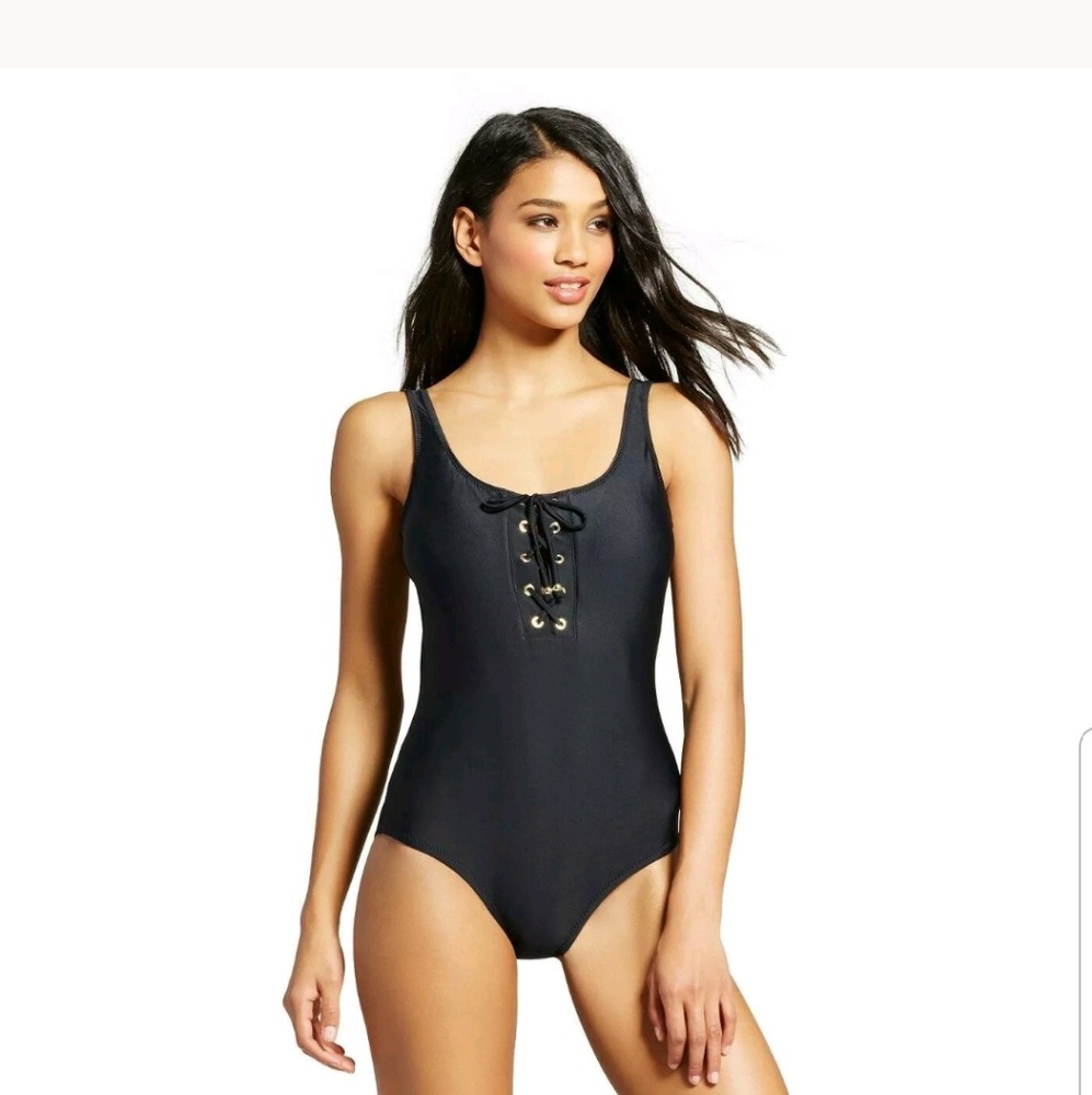 Mossimo Black Lace Up Open Back One Piece Swimsuit Brand New With Tags
